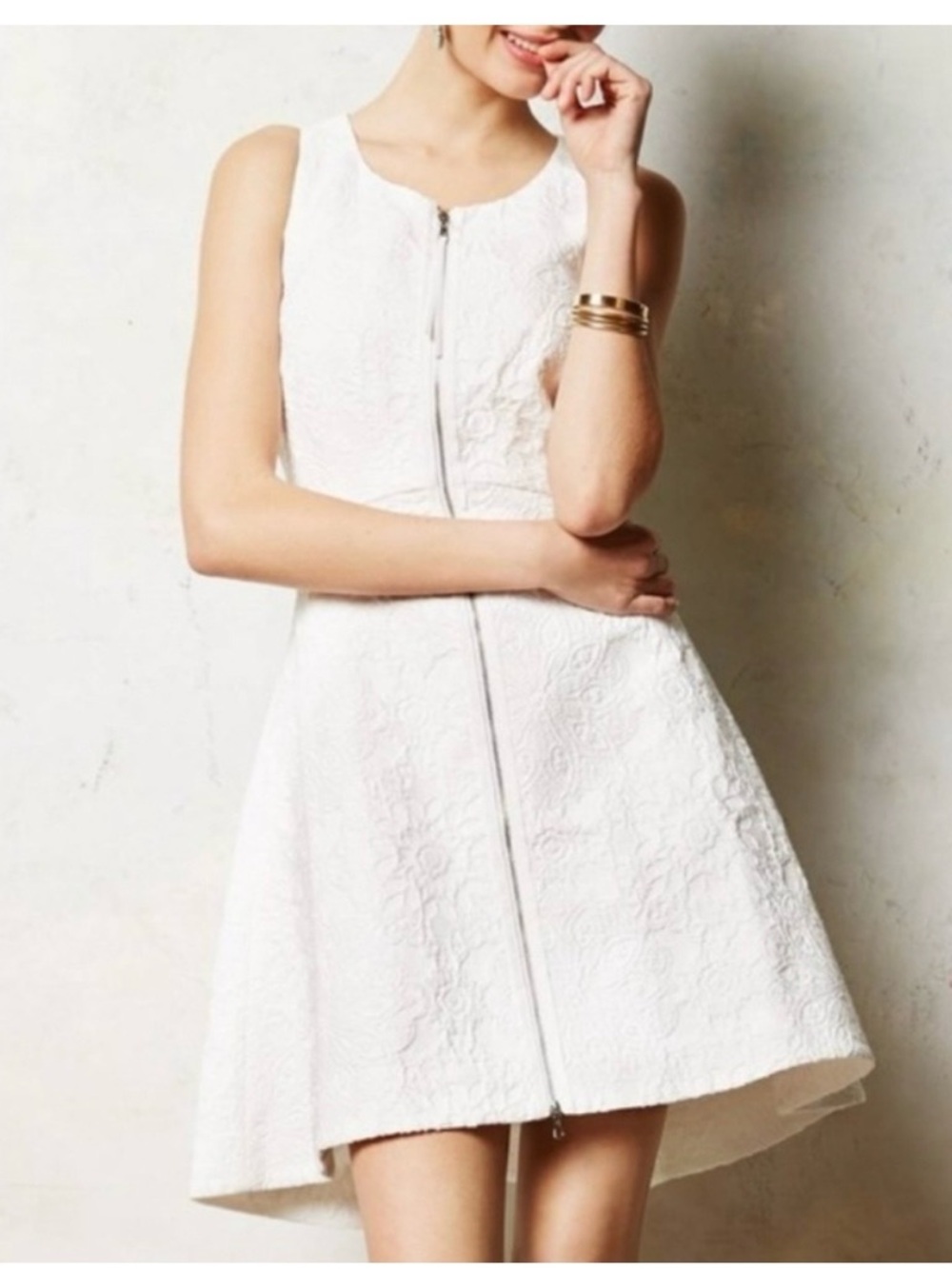 Leifsdottir White Jacquard Anthropologie High Tea Zip Front Dress